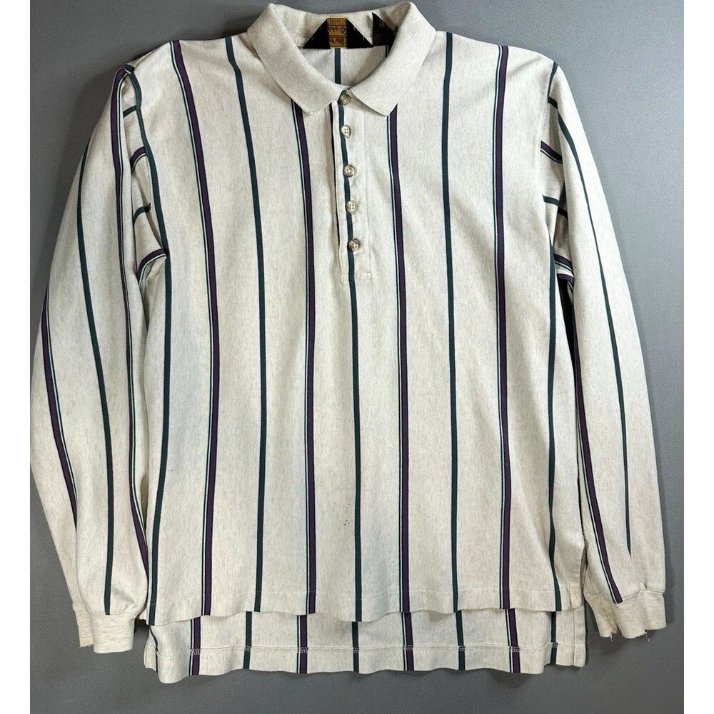 Eddie Bauer Mens M Beige vintage polo Striped 100% Cotton LS Button-Up